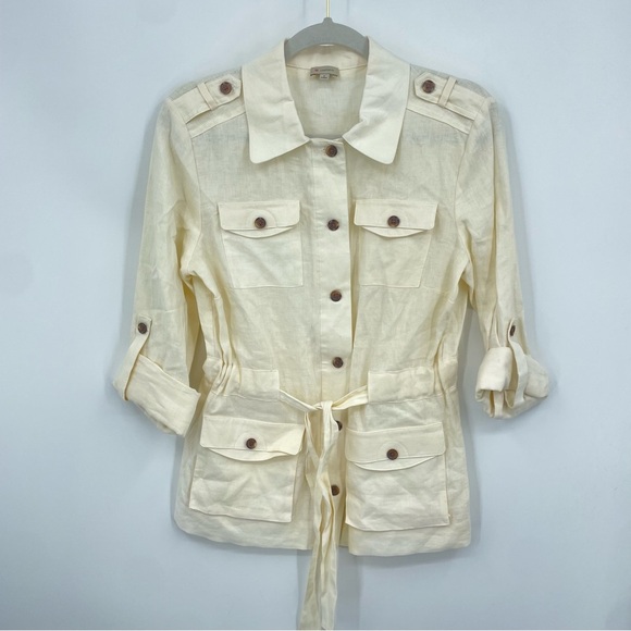 Cremieux safari 100% linen ivory cream button front shirt Sz 8 roll tab sleeves - Picture 1 of 6